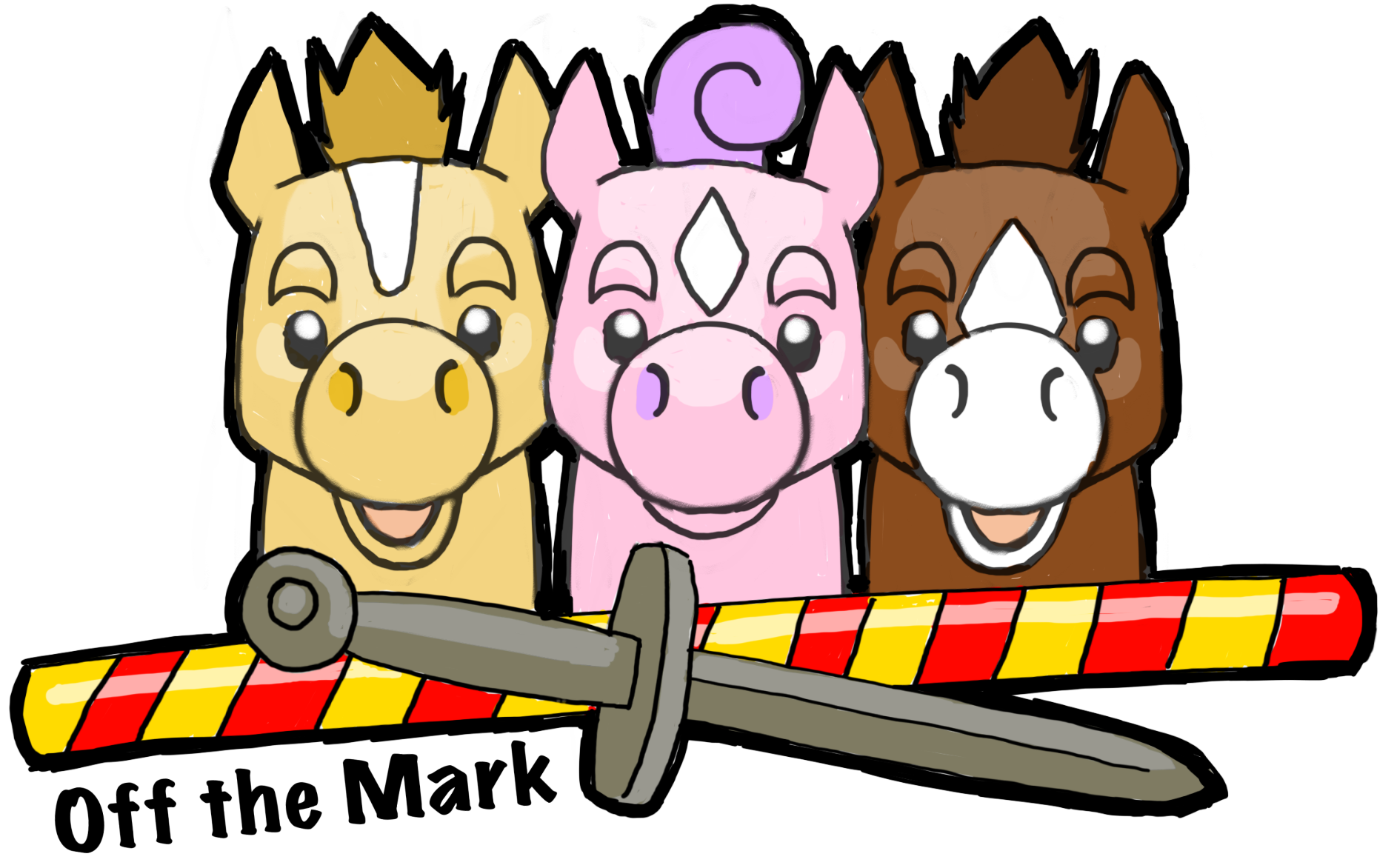 Off the Mark title and cartoon logo with 3 different colored horses looking up over a crossed lance and sword and smiling